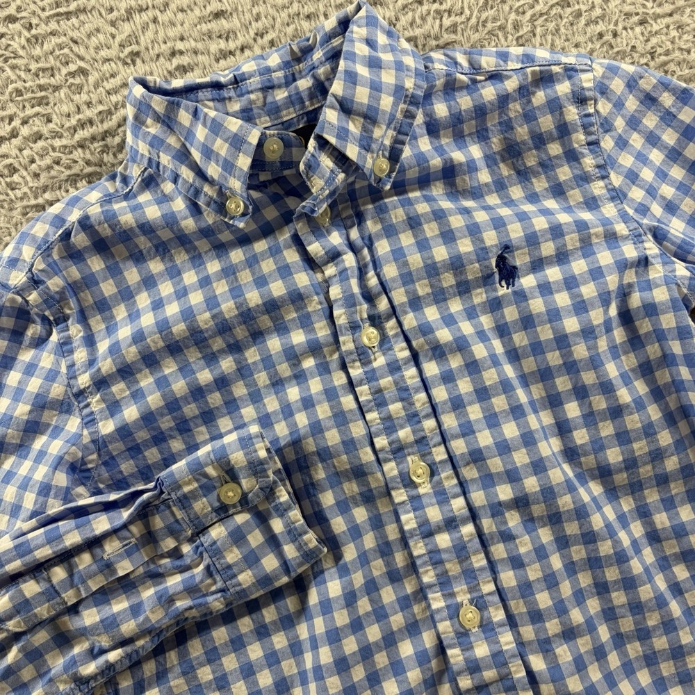 Polo Ralph Lauren Button Up Shirt Youth 5 Blue Gingham Check Plaid Pattern